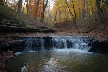 Small waterfall on autumn day in forest