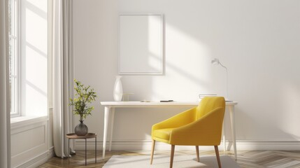 Bright and Elegant Minimalist Office with White Desk and Yellow Chair