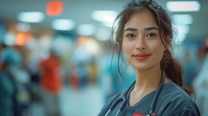 Fototapeta premium A nurse smiling with her stethoscope, in hospital