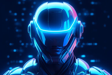 Cyborg cyber man in front of dark background. 3D rendering