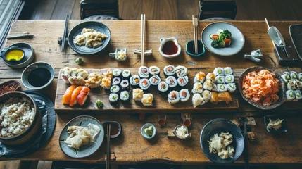 Fotobehang A table with sushi and other food on it. Generative AI. © Natalia