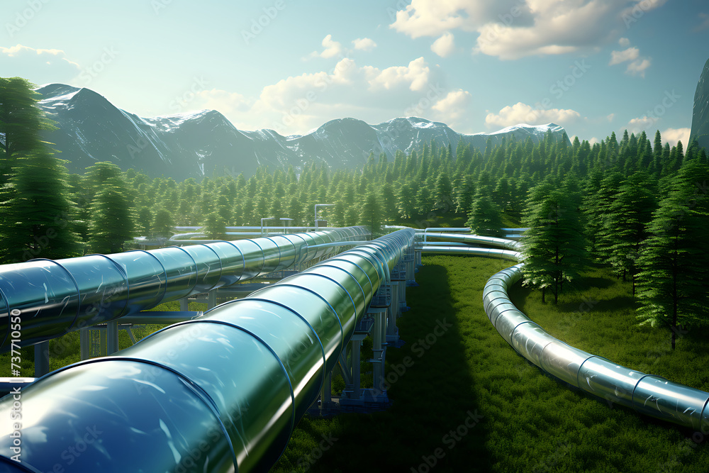 Wall mural pipeline and wind turbines in a field, 3d render