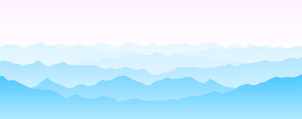 Mountain range silhouettes on sunset or sunrise. Pink morning panoramic landscape view. Mountain ridges and hills background. Blue mount peaks with mist and fog. Vector scenery terrain illustration 