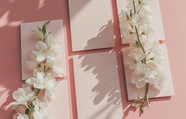 3 rectangle cards mockup, baby pink background, white wedding florals, minimalist, elegant