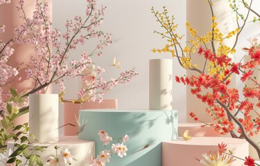 Natural beauty podium backdrop with spring sakura cherry blossom landscape scene. colorful flowers for product display advertising