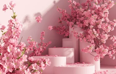Rollo Natural beauty podium backdrop with spring sakura cherry blossom landscape scene. colorful flowers for product display advertising © peacehunter