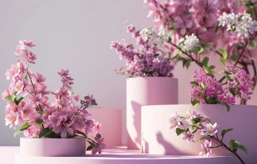 Foto auf Acrylglas Natural beauty podium backdrop with spring sakura cherry blossom landscape scene. colorful flowers for product display advertising © peacehunter