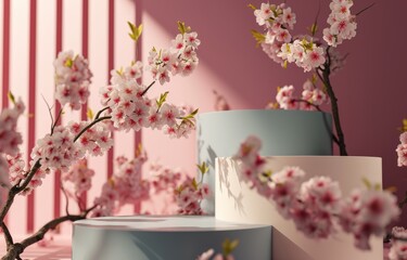 Natural beauty podium backdrop with spring sakura cherry blossom landscape scene. colorful flowers...