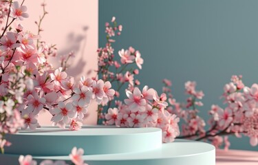 Round podium with branch of sakura in pink color. Mockup to promote eco or organic product , cosmetics.