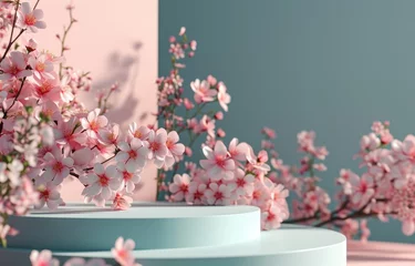Foto auf Acrylglas Round podium with branch of sakura in pink color. Mockup to promote eco or organic product , cosmetics. © peacehunter