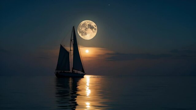 A solitary sailboat floating on the night sea under a shining full moon, with the stars scattered in the sky and the reflection of moonlight on the water surface conveying stillness.
