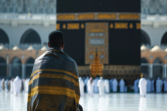 A man in pilgrim attire gazes towards the Kaaba in Mecca during hajj or umrah, encapsulating devotion and cultural tradition.