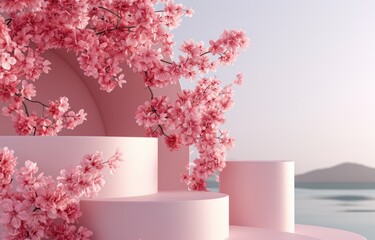 Abstact 3d render spring scene and Natural podium background, White stone podium on the colorful...