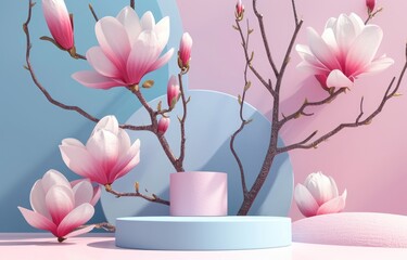 Abstact 3d render spring scene and Natural podium background, White stone podium on the colorful flowers for product display
