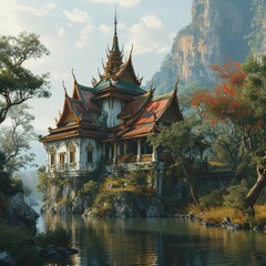 Fototapeta premium 3D beautiful important buildings and landmarks of Thailand, floating art fantasy.