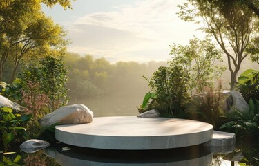 Fototapeta premium 3d podium Stone podium, beautiful landscape with mountains and blue sky on the background, round marble platform for cosmetic product in renaissance art style