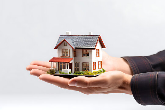 Real estate agent holding house model in his hands. 3d rendering