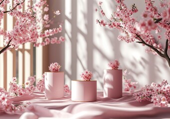3D cylinder pedestal display scene Japanese style, high quality, Background full of plum & cherry blossoms, realistic 3d podium in pastel 3D render, Golden display podium on silk