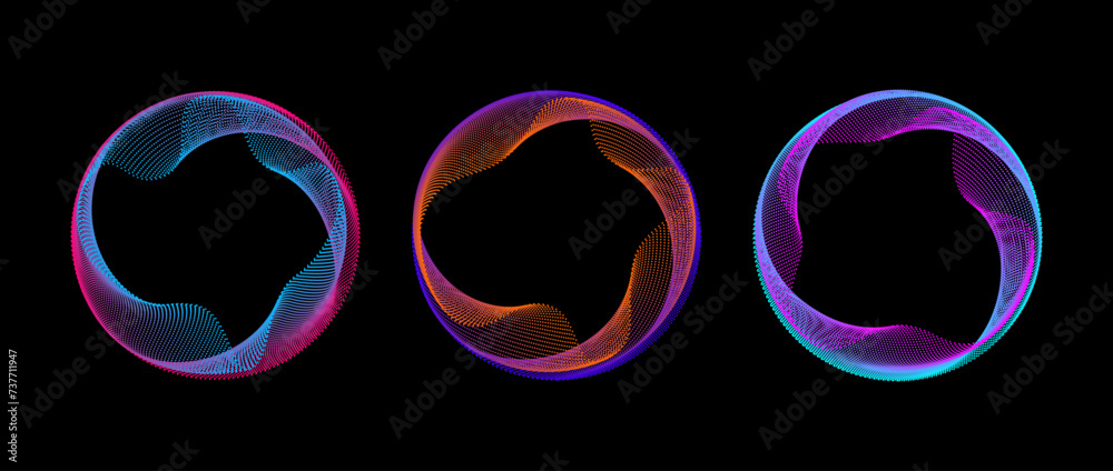 Wall mural neon iridescent gradient dotted circle set. colorful glowing round tech frame collection. curved wav - Wall murals