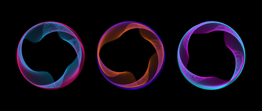 Neon iridescent gradient dotted circle set. Colorful glowing round tech frame collection. Curved wave dot line circles on black background. Colorful circular border pack. Vector design element bundle