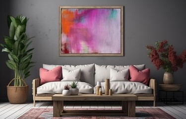 A Black white Frame mockup on Living room modern eclectic crazinessvibrant Multicolor dominate with modern minimalistic elements with boho style elements