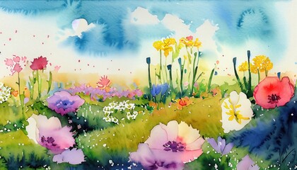 A watercolor illustration of a spring field where various flowers are in full bloom - Powered by Adobe