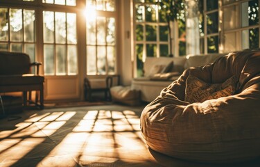 a cozy light founder beanbag as a furnishing item in a family furnished living room, sunshine falling through the windows, beautiful mood, happy, summer - obrazy, fototapety, plakaty
