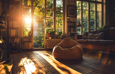 a cozy light founder beanbag as a furnishing item in a family furnished living room, sunshine falling through the windows, beautiful mood, happy, summer - obrazy, fototapety, plakaty