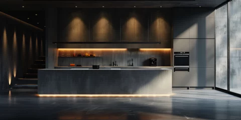 Deurstickers Interior of modern kitchen with black walls, concrete floor, black countertops and wooden bar with stools. 3d rendering. © Kalsoom