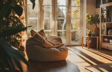 a cozy light founder beanbag as a furnishing item in a family furnished living room, sunshine falling through the windows, beautiful mood, happy, summer