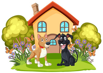 Two cheerful dogs in front of a cute house