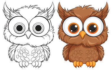 Two stylized owls, one outlined, one colored.