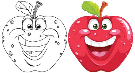 Black and white and colored smiling apple illustrations