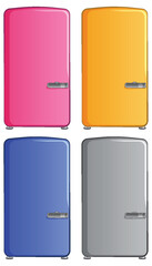 Four vintage fridges in vibrant assorted colors