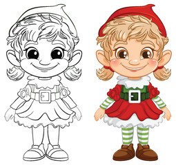 Colorful and outlined versions of a happy elf.