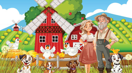 Illustration of cheerful farmers with dogs and chickens