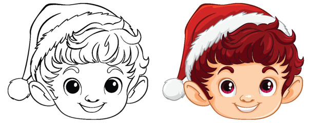Colorful and line art versions of a festive elf.
