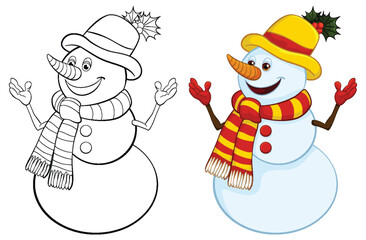 Two smiling snowmen dressed in colorful winter clothes.
