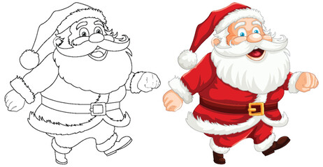 Colorful and outlined Santa Claus characters side by side.