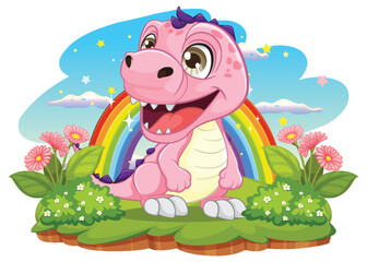 Happy pink dinosaur with a colorful rainbow backdrop