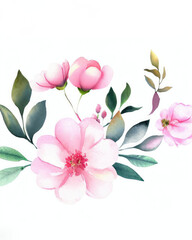 Watercolor flowers and leaves isolated on a white background