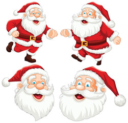 Four cheerful Santa Claus illustrations in various poses.