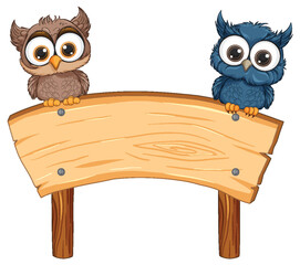 Two cartoon owls perched on a blank sign.