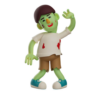 3D illustration. 3D Zombie cartoon with funny expression. in a strange pose. showing a happy smile. 3D Cartoon Character