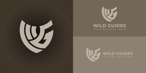 Abstract retro WG or GW monogram logo in soft gold color with shield shape design template applied for a media agency or advertisement agency for the outdoor industry logo design inspiration template