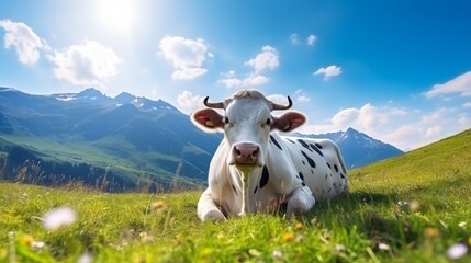 Obraz premium Idyllic scene of serene cows grazing happily on expansive and lush green mountain meadows
