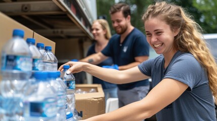 Smiling of volunteers packing water bottles into cardboard boxes outside truck. Group volunteer working.