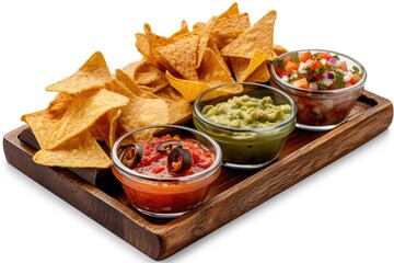 Triangular nachos corn chips with various sauces in small glass bowls on wooden tray