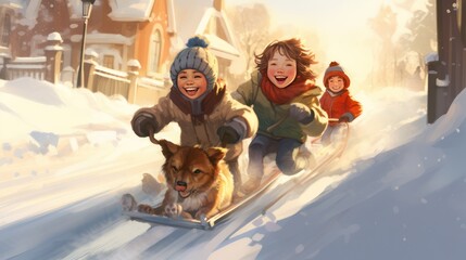 Cartoon illustration of children playing snowboarding sledding outdoors happily with pets in winter. - obrazy, fototapety, plakaty