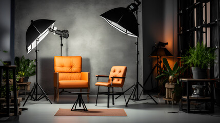 Interior of modern photo studio with chair and professional equipment, grey tones